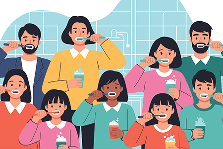 Illustration représentant des adultes et des enfants se brossant les dents